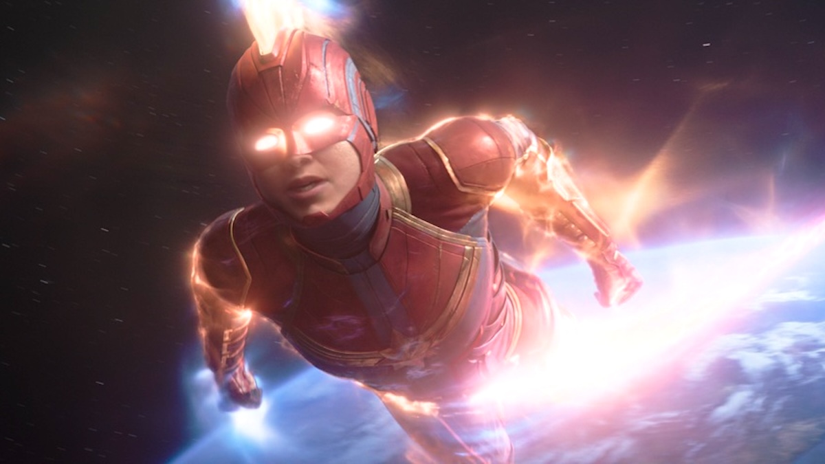 Image of Carole Danvers flying in outer space in her Captain Marvel costume from 'Captain Marvel'