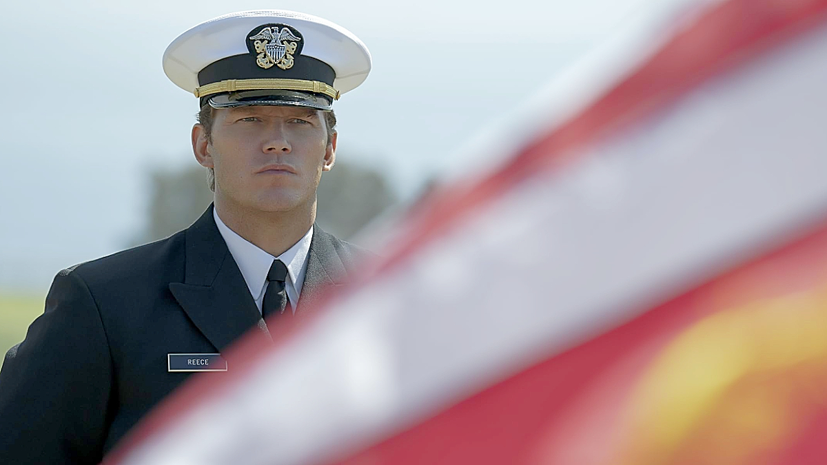 James Reece (Chris Pratt) attends a military funeral in uniform in The Terminal List