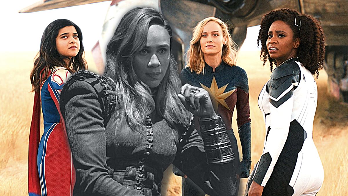 Photo montage of Brie Larson, Iman Vellani, Teyonah Parris in 'The Marvels' in color and Zawe Ashton in 'The Marvels' in black and white.