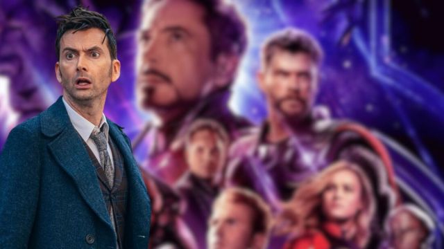David Tennant as the Fourteenth Doctor superimposed over a blurred cropped Avengers: Endgame poster