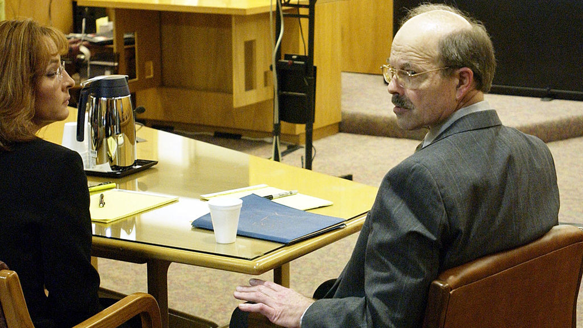 Dennis Rader, the admitted BTK serial killer, sits in court on the first day of his sentencing at the Sedgwick County Courthouse August 17, 2005 in Wichita, Kansas. Rader, of Park City, Kansas, has pleaded guilty to 10 killings dating back to 1974. 