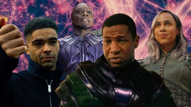 From left to right, Gravik,, the High Evolutionary, Kang, and Dar-Benn superimposed over an edited image of the multiverse of timelines from Loki season 2.