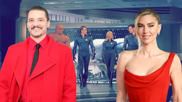 Pedro Pascal attends The 2023 Met Gala on May 01, 2023 and Vanessa Kirby attends the "Napoleon" UK Premiere on November 16, 2023 superimposed over a still from 2005's Fantastic Four