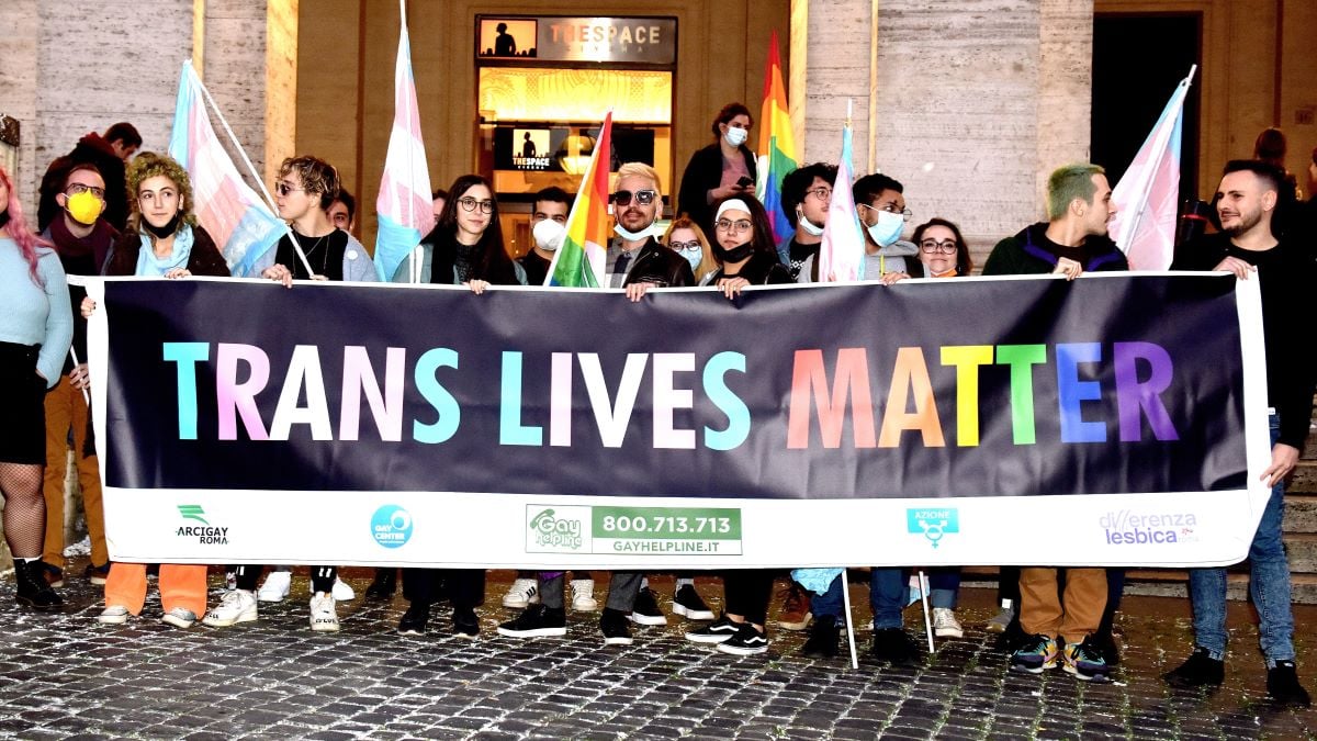 Young People take part in a Trans freedom march for victims of transphobic hatred with a banner saying Trans lives matter, on November 20, 2021 in Rome, Italy. Transgender Day of Remembrance (Tdor) is the global day of remembrance for victims of hate and violence against transgender people. (Photo by Simona Granati - Corbis/Corbis via Getty Images)