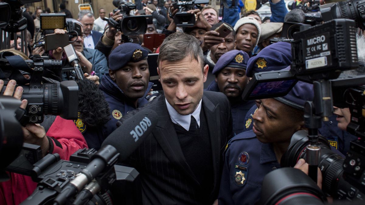 Oscar Pistorius leaves the North Gauteng High Court on June 14, 2016 in Pretoria, South Africa. Having had his conviction upgraded to murder in December 2015, Paralympian athlete Oscar Pistorius is attending his sentencing hearing and will be returned to jail for the murder of his girlfriend, Reeva Steenkamp, on February 14th 2013. The hearing is expected to last five days. (Photo by Charlie Shoemaker/Getty Images)