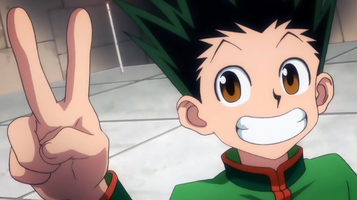 Gon doing a peace sign while smiling in Hunter x Hunter