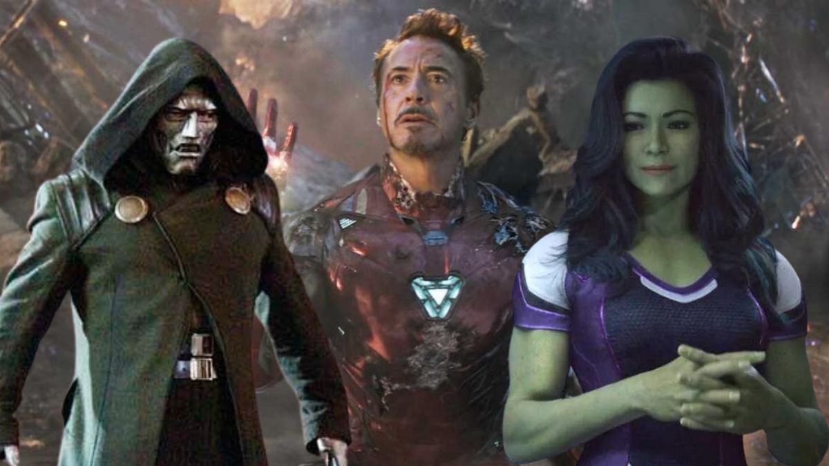 Doctor Doom from 2005's Fantastic Four and the MCU'S She-Hulk superimposed on a screenshot of Iron Man's snap in Avengers: Endgame.