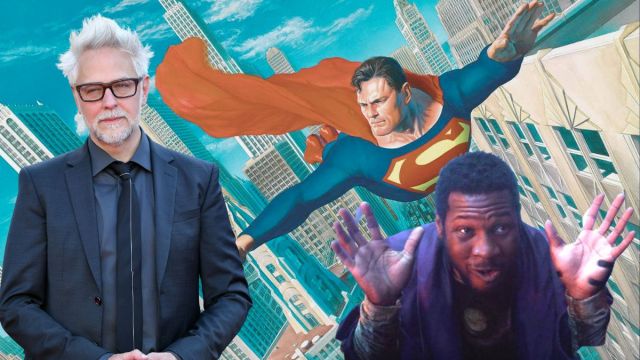 James Gunn and Jonathan Majors' Kang overlaid on a comic book painting of Superman flying over Metropolis