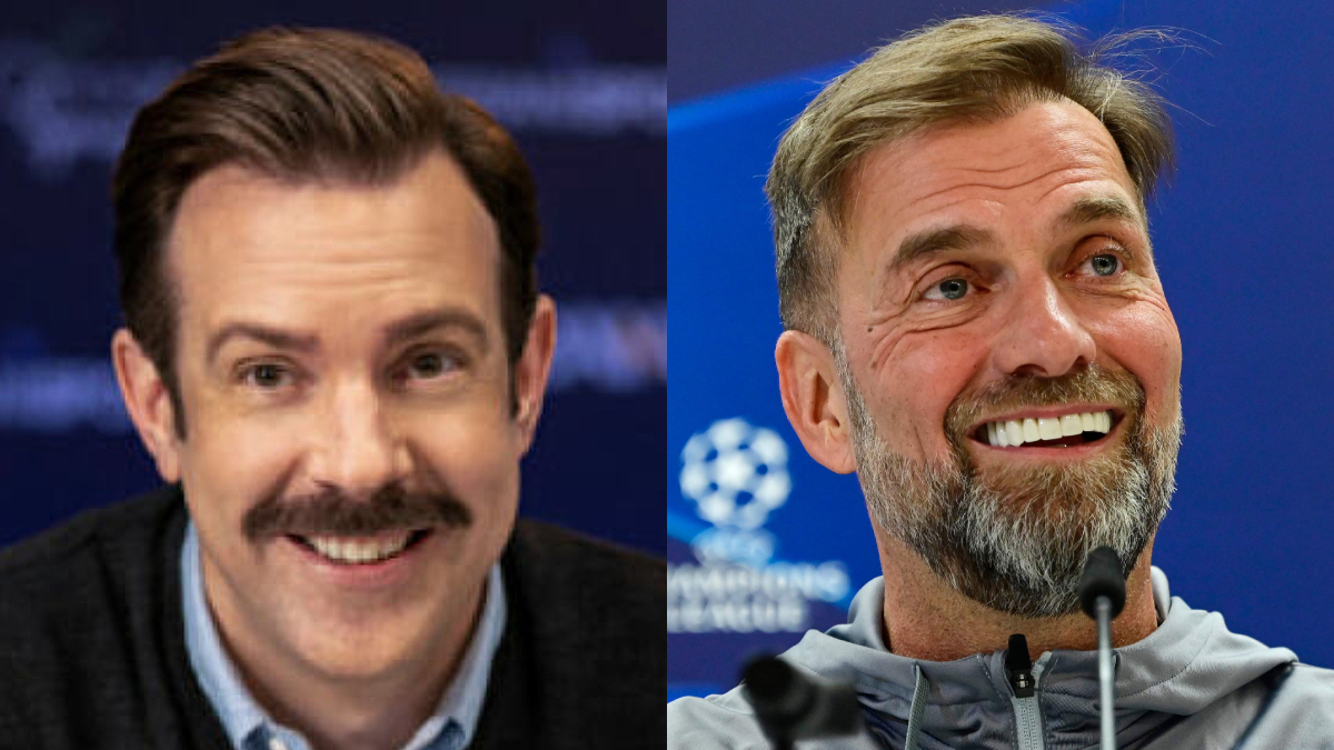 Jason Sudeikis as Ted Lasso in 'Ted Lasso,' and Jurgen Klopp