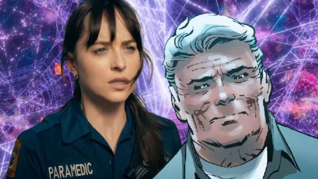 Dakota Johnson's Madame Web and Uncle Ben from Marvel Comics superimposed over a screenshot of the Web of Life and Destiny from Spider-Man: Across the Spider-Verse