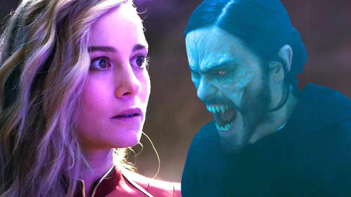 Brie Larson's Captain Marvel looks at Jared Leto's Morbius in an edited The Marvels/Morbius combo image.