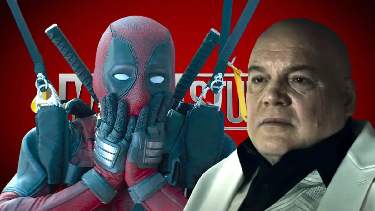 A shocked Deadpool and a serious-looking Kingpin superimposed over the Marvel Studios logo.
