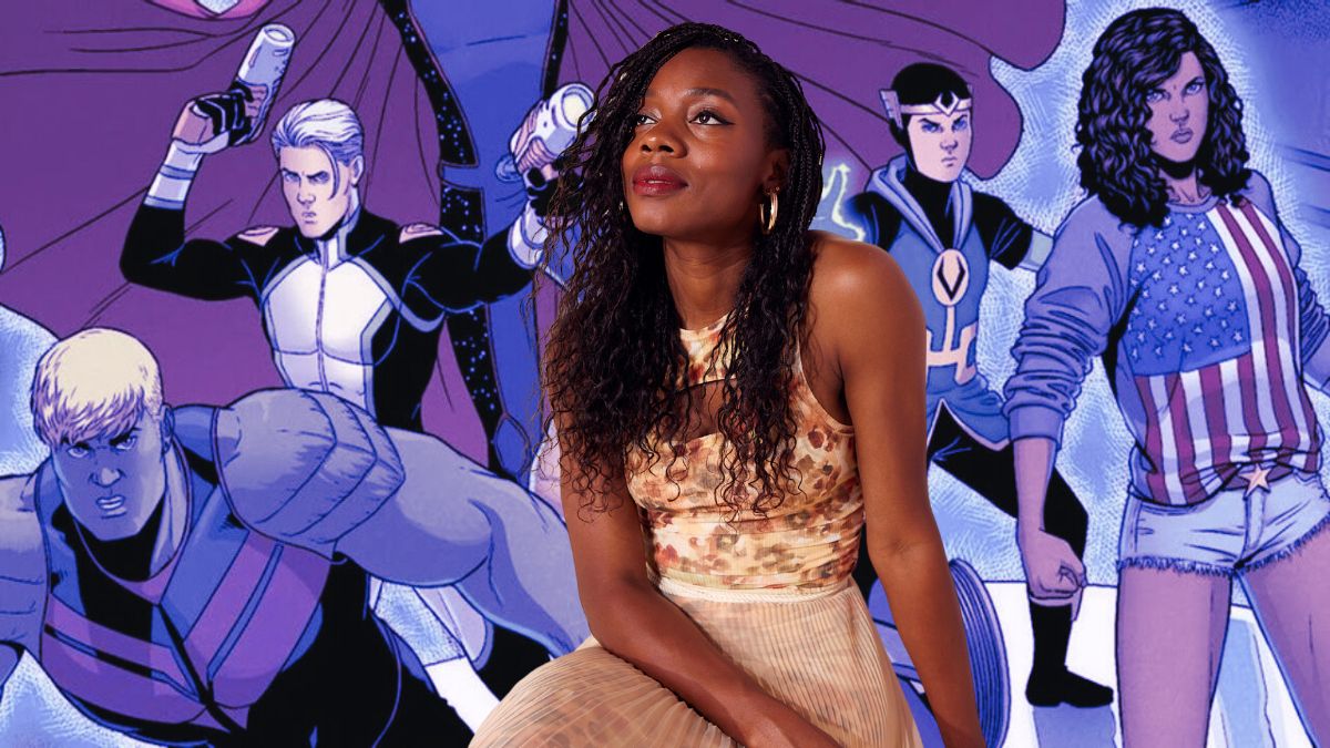 Photo of Nia DaCosta overlaid over a purple-hued image of the Young Avengers from Marvel Comics.