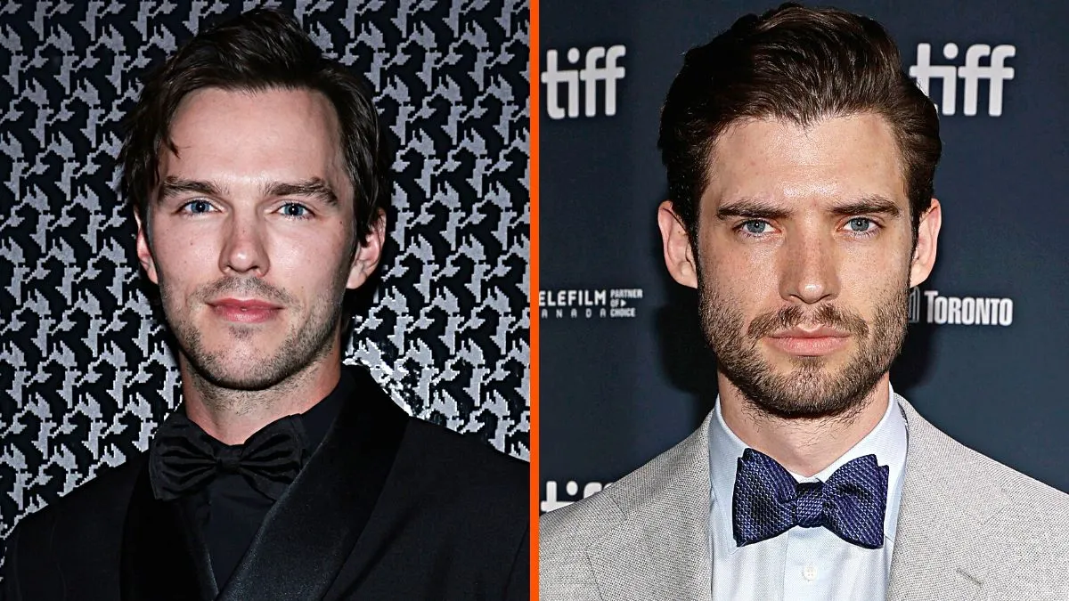 A photo montage of Nicholas Hoult and David Corenswet at red carpet events.