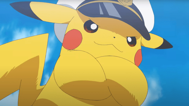Pikachu crossing his arms and wearing a little captain's hat.