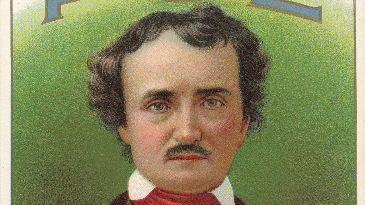 Portrait of American author Edgar Allan Poe (1809 - 1849) against a green background and under an embossed presentation of his last name, probably taken from a cigar box, 1900.