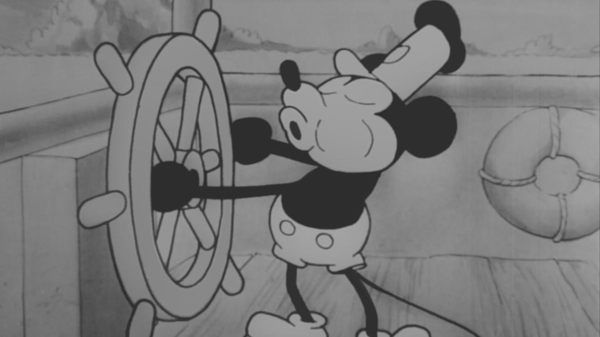 Mickey Mouse pilots a steamwheeler in 'Steamboat Willie'