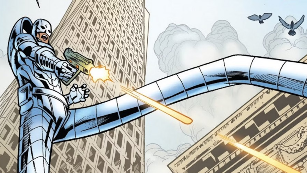 Stilt-Man disparando uma arma de ficção científica.