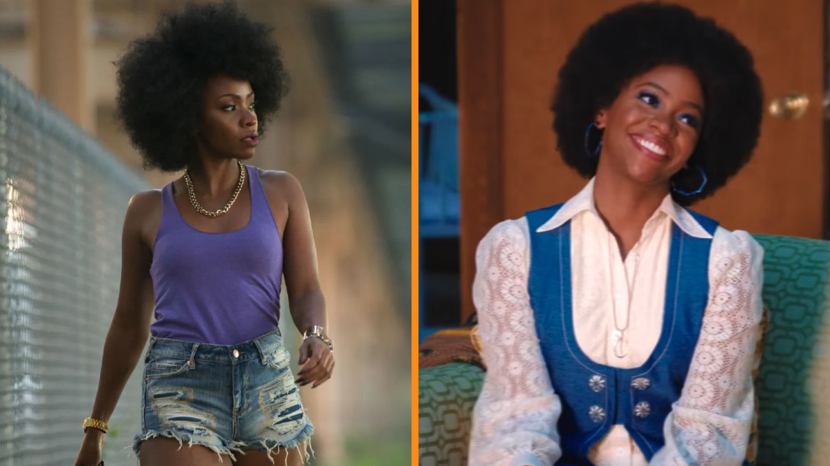 On the left, a black woman in a purple tanktop and torn jean shorts walks down the street. On the right, a black woman in a retro outfit smiles happily on a couch.