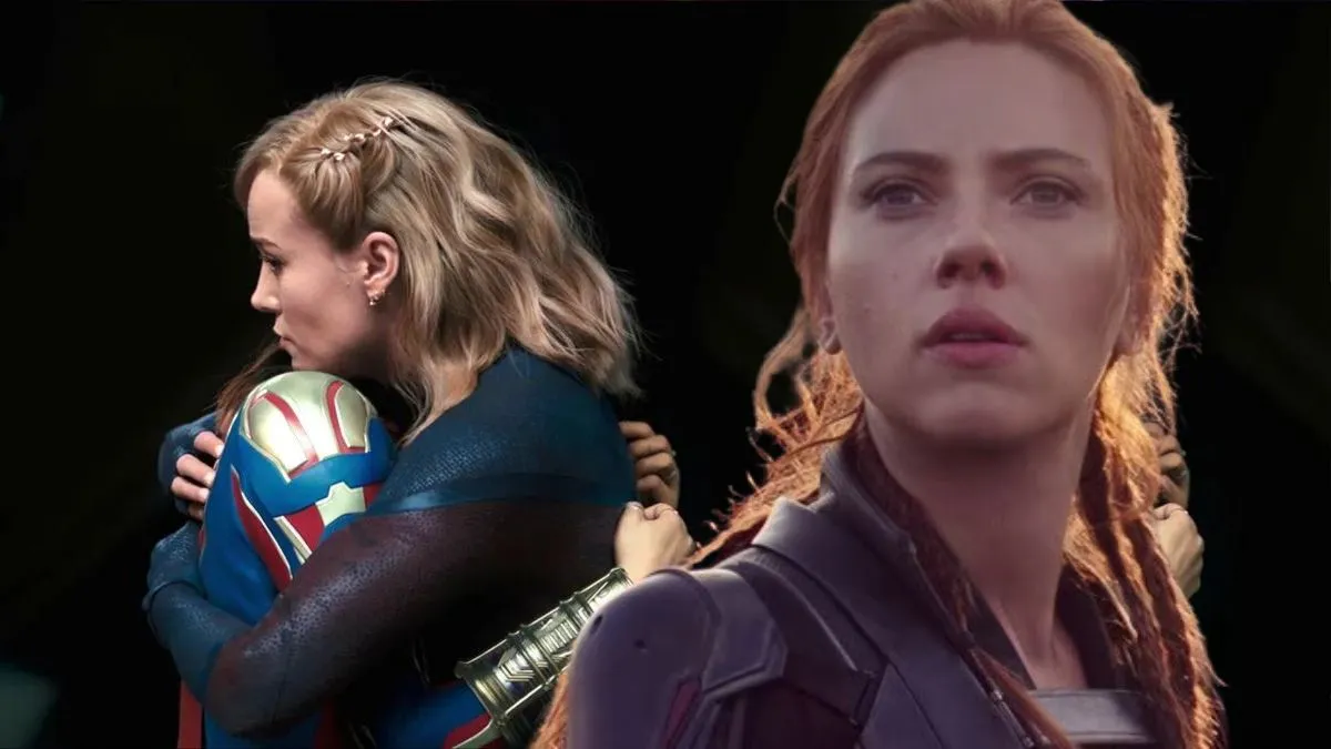 Black Widow looking shocked superimposed over a still from The Marvels of Captain Marvel and Ms. Marvel hugging.