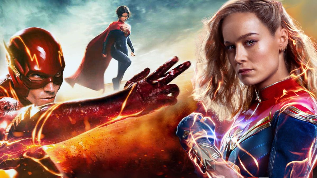 Brie Larson's The Marvels character poster superimposed over The Flash movie banner