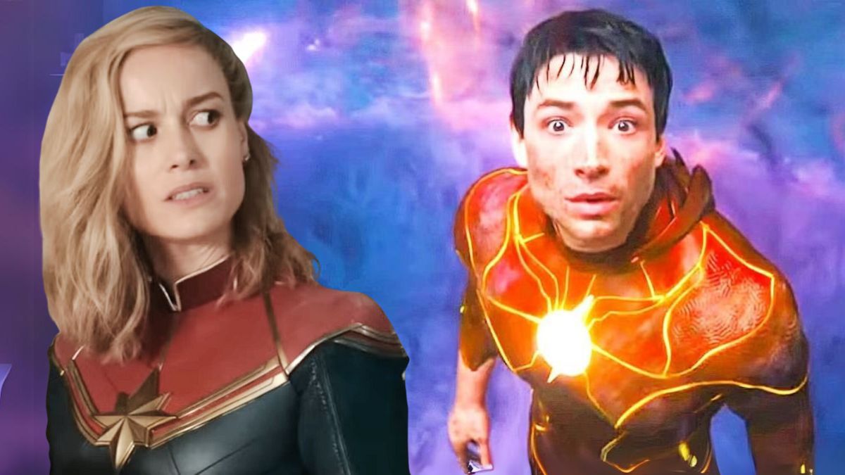 Brie Larson's Captain Marvel looks over her shoulder with a grimace at Ezra Miller's shell-shocked Barry Allen, in an edited composite image of The Marvels and The Flash.