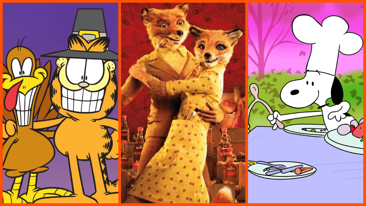 Garfield, a turkey, Mr. and Mrs. Fox, and Snoopy side-by-side in a celebration of children's Thanksgiving movies