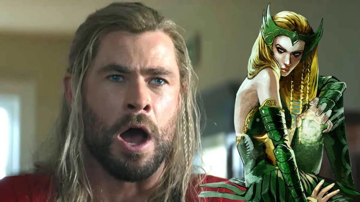 Enchantress from Marvel Comics superimposed over a screenshot of a stunned, open-mouthed Thor from Thor: Love and Thunder.