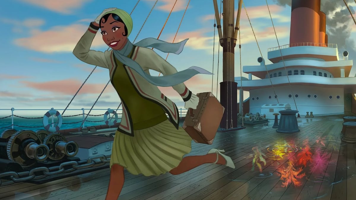 Tiana series concept art - Tiana on a ship deck, hurriedly carrying a suitcase