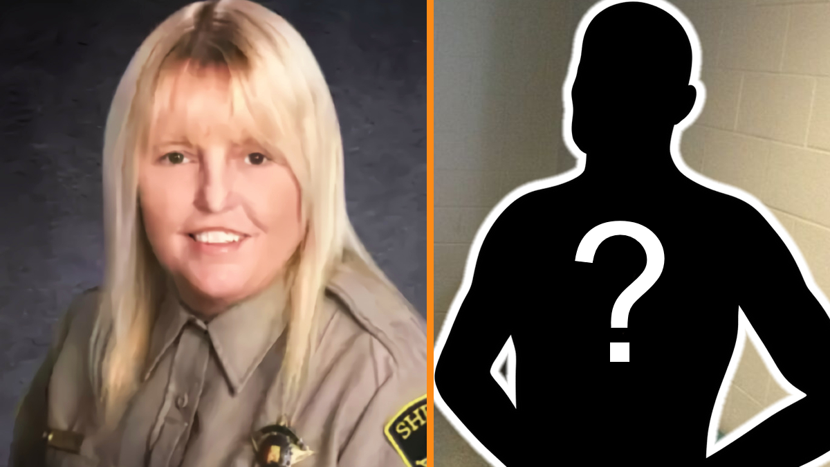 On the left, a woman in a tan correctional officer uniform. On the right, a black silhouette of a man with a white question mark on its chest.