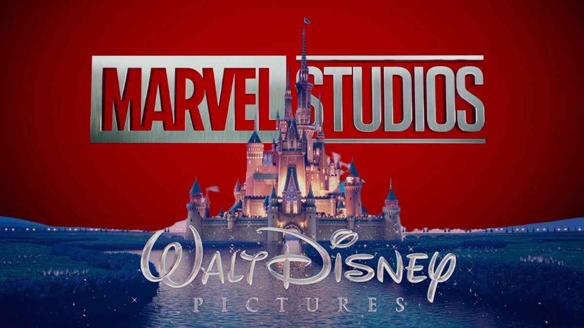A collage of the red Marvel Studios logo in the background of the Walt Disney Pictures castle logo