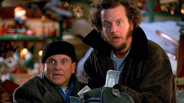 Harry and Marv look stunned as they are caught robbing Duncan's Toy Chest red-handed in Home Alone 2: Lost in New York.