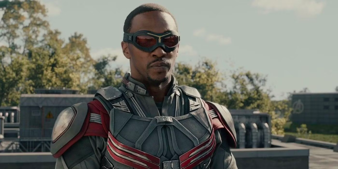 Sam Wilson is wearing goggles and his super suit.