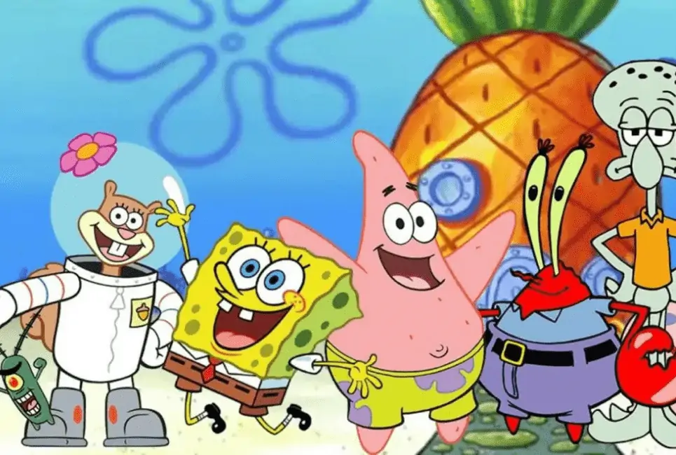 The characters from Spongebob are standing in front of Spongebob's house. 