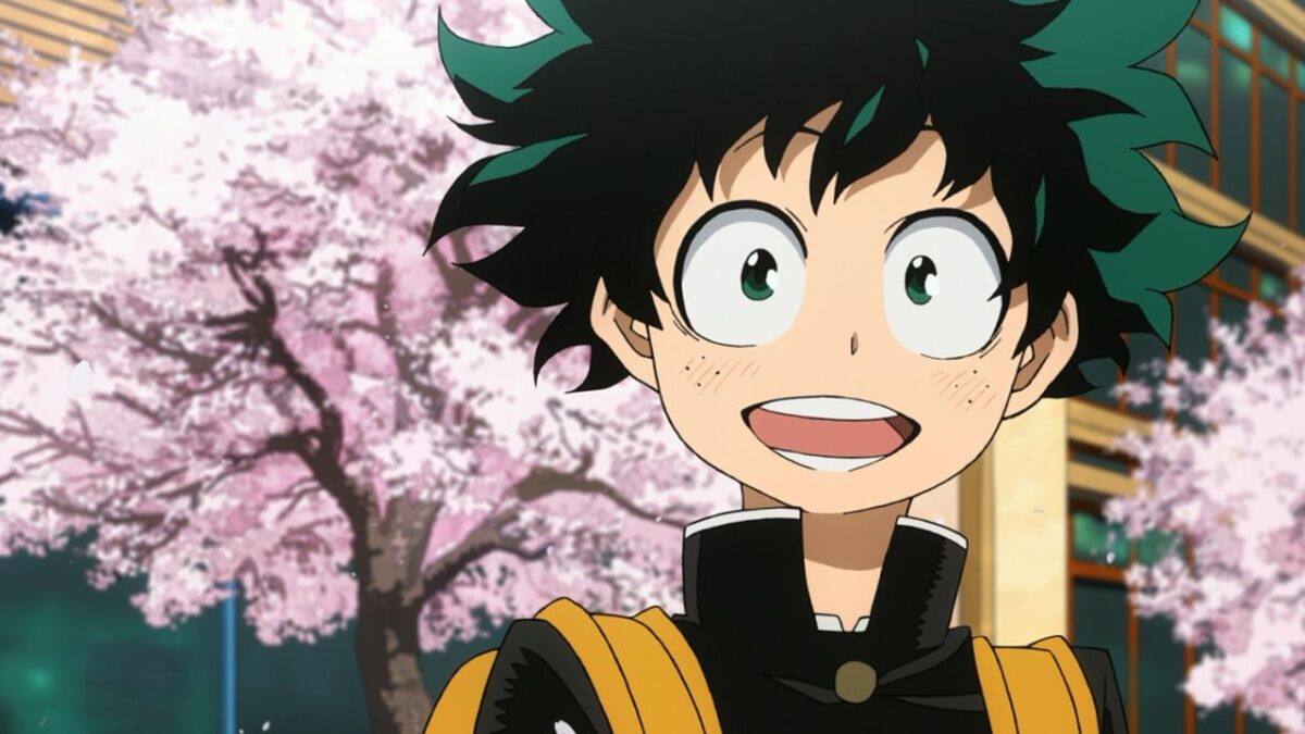 Izuku Modiriya smiling and blushing in season 1, episode 1 of 'My Hero Academia'.