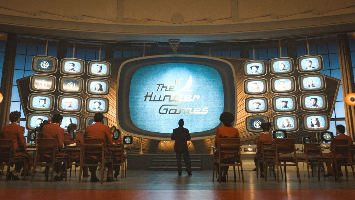 The retrofuturistic broadcasting room where all of the Capitol mentors watch the 10th Hunger Games unfold.