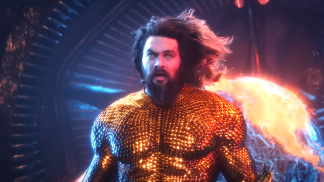 Jason Momoa as Aquaman, looking very concerned in Aquaman and the Lost Kingdom.