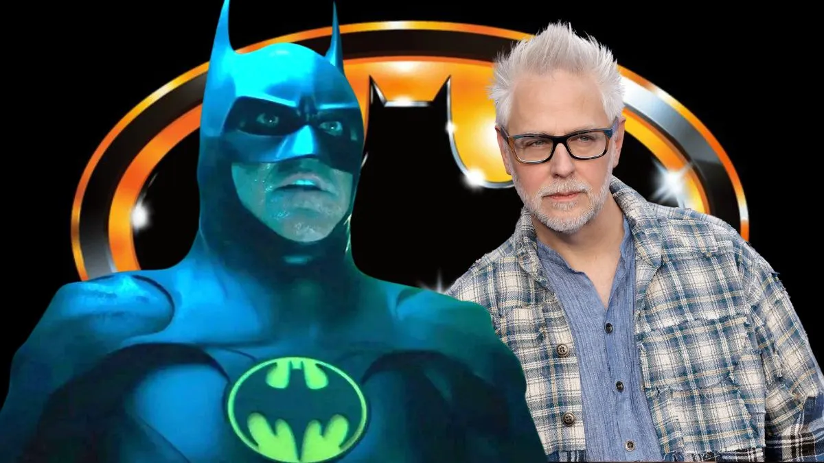 Michael Keaton's Batman from The Flash and James Gunn from the Blue Beetle premiere superimposed over the 1989 Batman logo