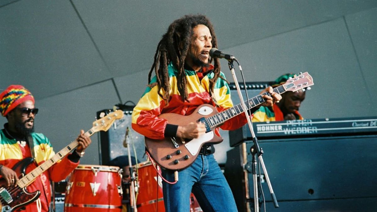 Aston 'Family Man' Barrett and Bob Marley perform on stage at Crystal Palace Bowl on June 7th, 1980 in London, United Kingdom.