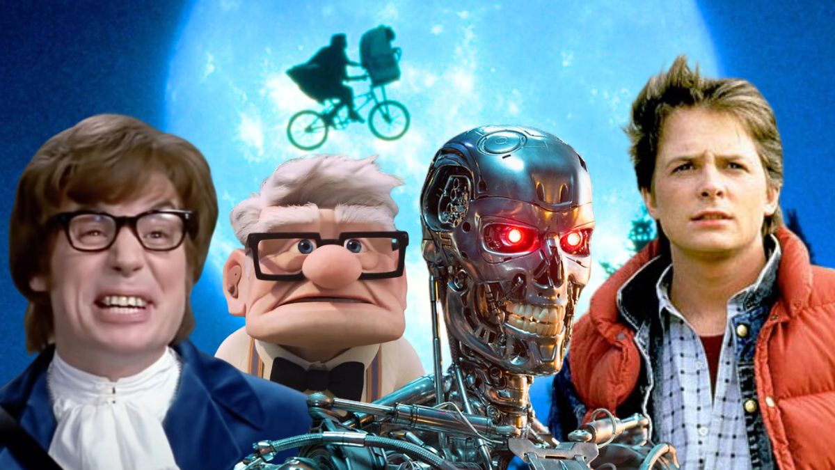 Austin Powers, Carl from Up, a Terminator, and Back to the Future's Marty McFly superimposed over ET flying past the moon.