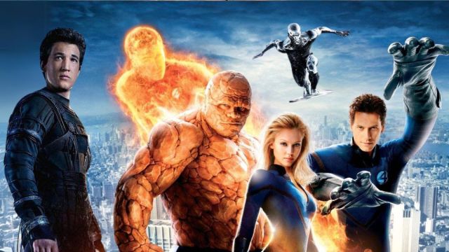 Miles Teller's Mr. Fantastic and Silver Surfer superimposed over the poster for 2005's Fantastic Four.