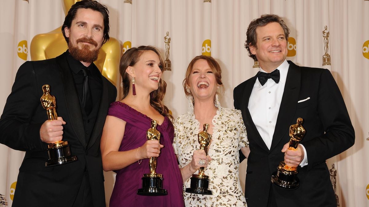Christian Bale, Natalie Portman, Melissa Leo and Colin Firth pose in the press room during the 83rd Annual Academy Awards held at the Kodak Theatre on February 27, 2011 in Hollywood, California. (Photo by Jeffrey Mayer/WireImage)