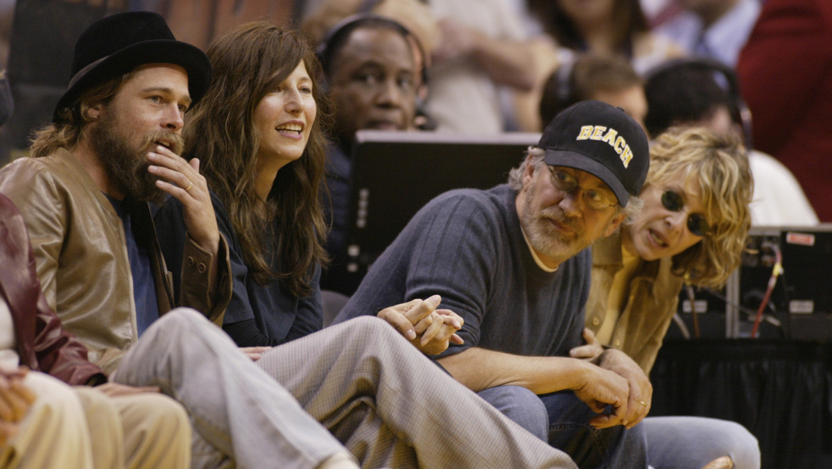 Actors Brad Pitt, Catherine Keener and director Steven Spielberg watch Game six of the Western Conference Finals during the 2002 NBA Playoffs between the Sacramento Kings and the Los Angeles Lakers on May 31, 2002 at Staples Center in Los Angeles, California.  The Lakers won 106-102.  