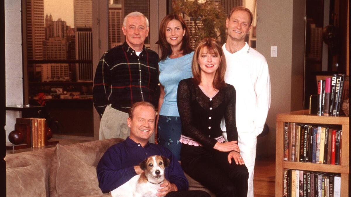 10/99 Kelsey Grammer, Peri Gilpin, Jane Leeves, John Mahoney, and David Hyde Pierce stars in the NBC series "Fraiser."