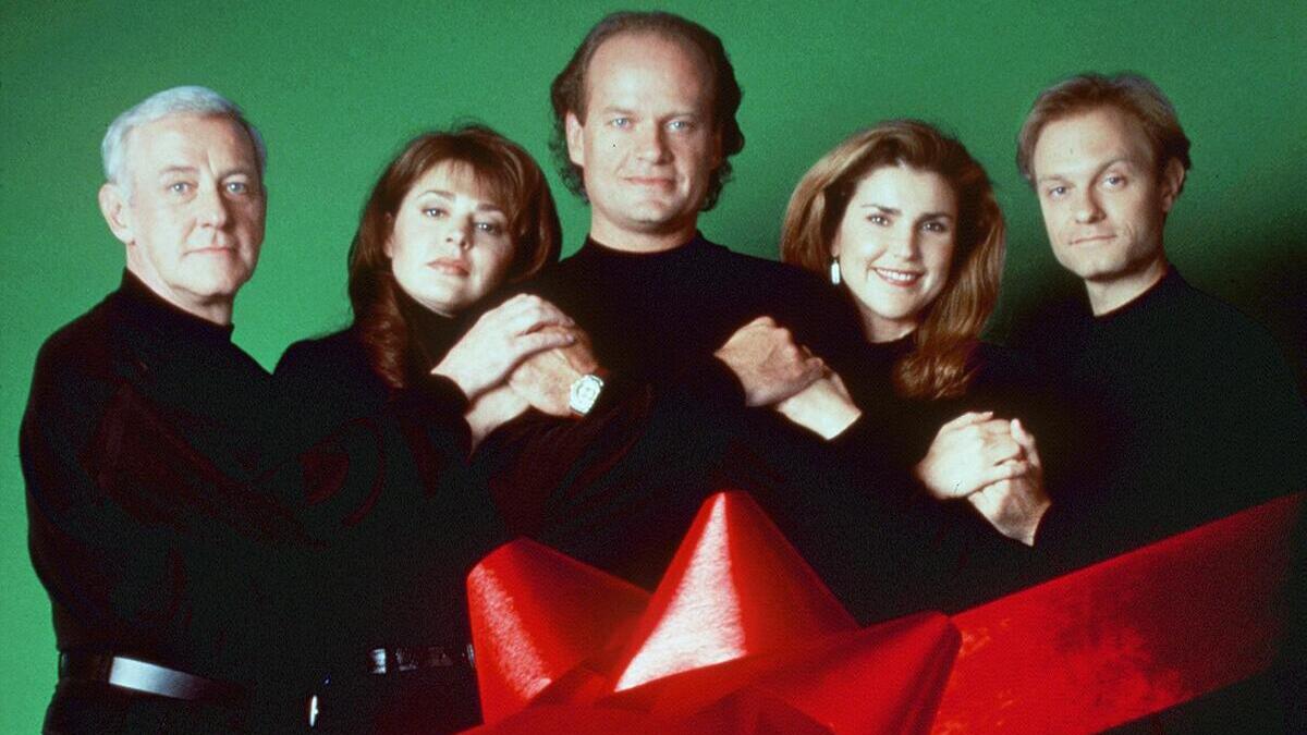 1999 "Frasier: Christmas in Washington." John Mahoney, Jane Leeves, Kelsey Grammer, Peri Gilpin and David Hyde Pierce star in Frasier. 