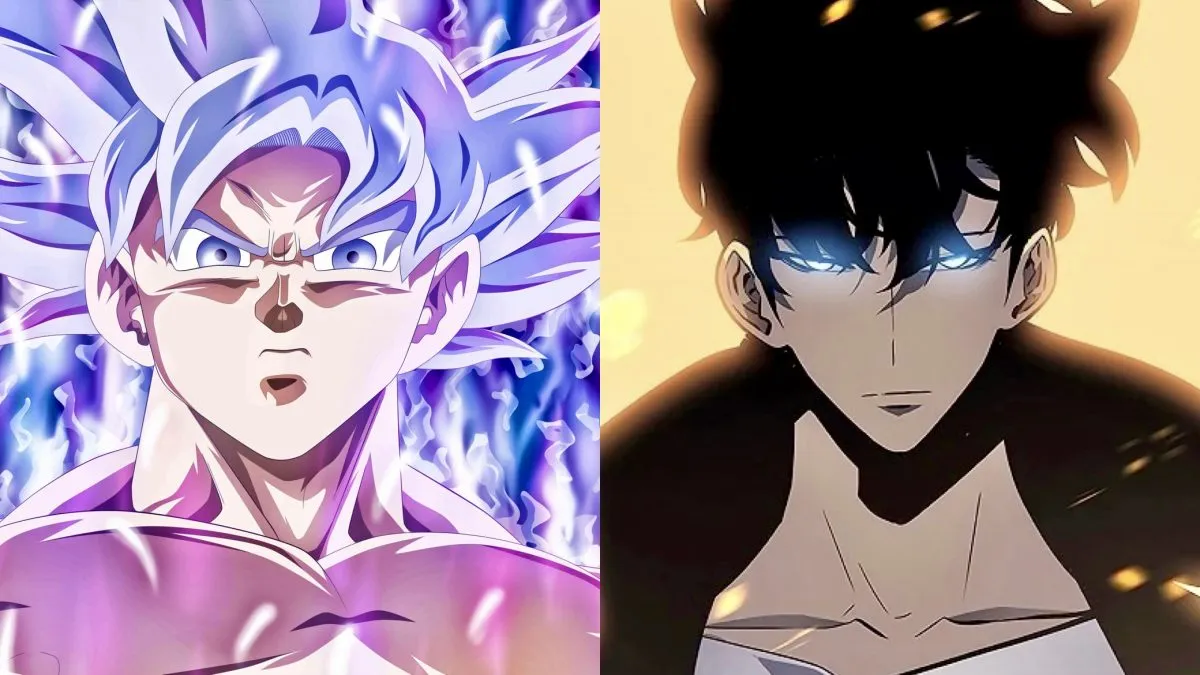 A split image of the anime characters: Goku of ‘Super Dragon Ball Heroes’, and Sung Jinwoo of ‘Solo Levling’