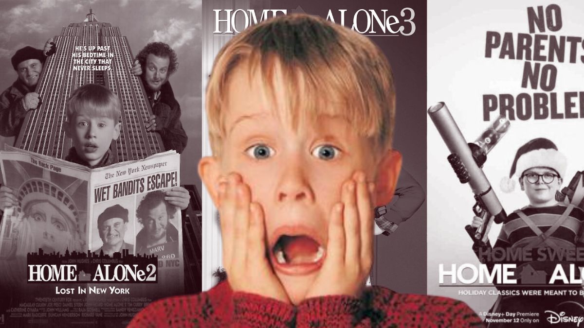 Macauley Culkin's Kevin McCallister screaming superimposed over monochrome poster for Home Alone 2, Home Alone 3, and Home Sweet Home Alone
