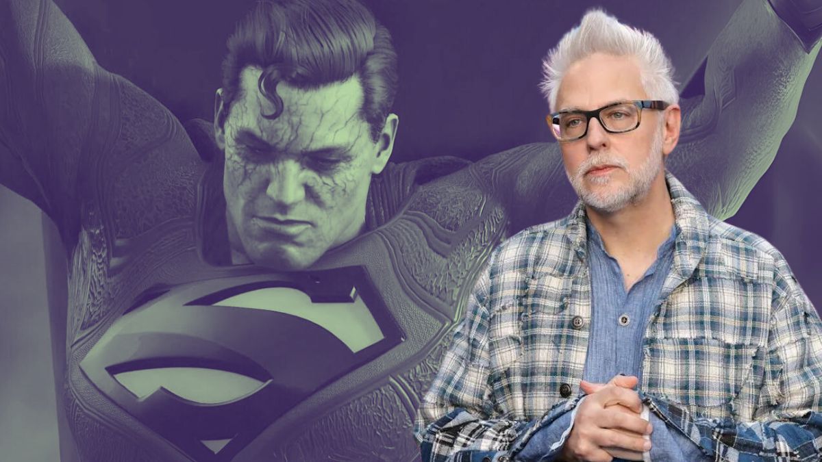 A serious-looking James Gunn superimposed over a dark-hued image of Superman from the 'Suicide Squad: Kill the Justice League' game
