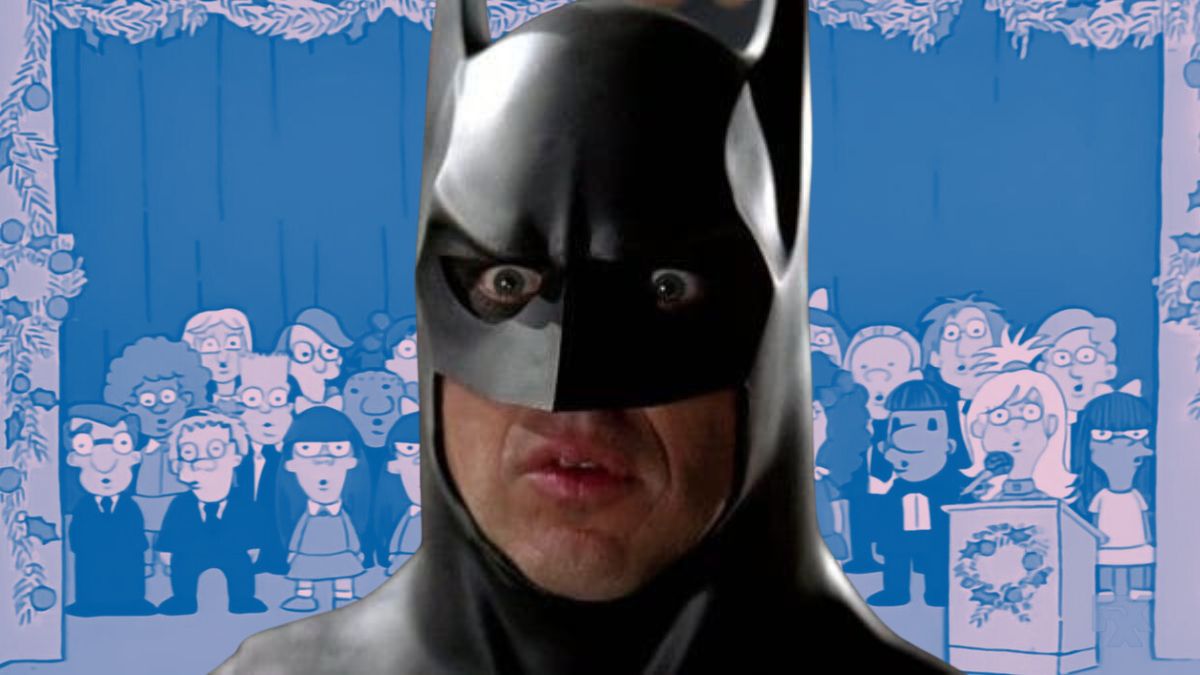 A shocked Batman (Michael Keaton) from Batman Returns superimposed over a blue-hued screenshot from The Simpsons pilot episode.