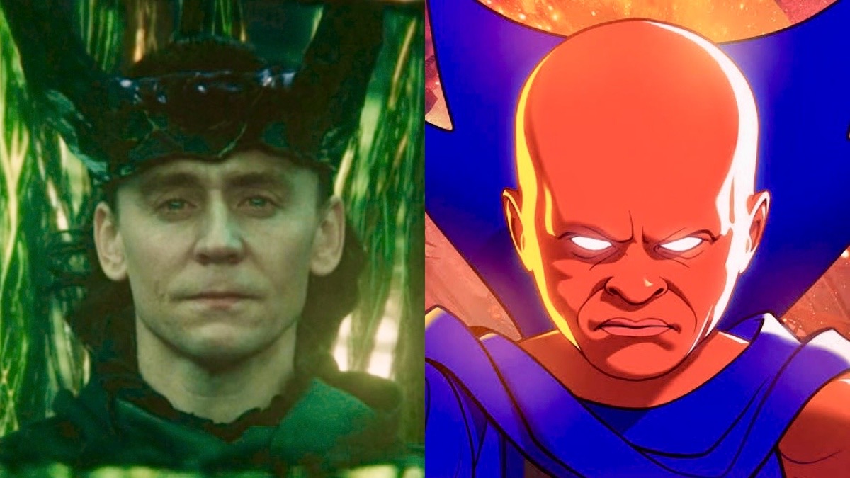 A split image of MCU characters Loki in season 2 of ‘Loki’ and Uatu the Watcher in the animated series ‘What If…?’